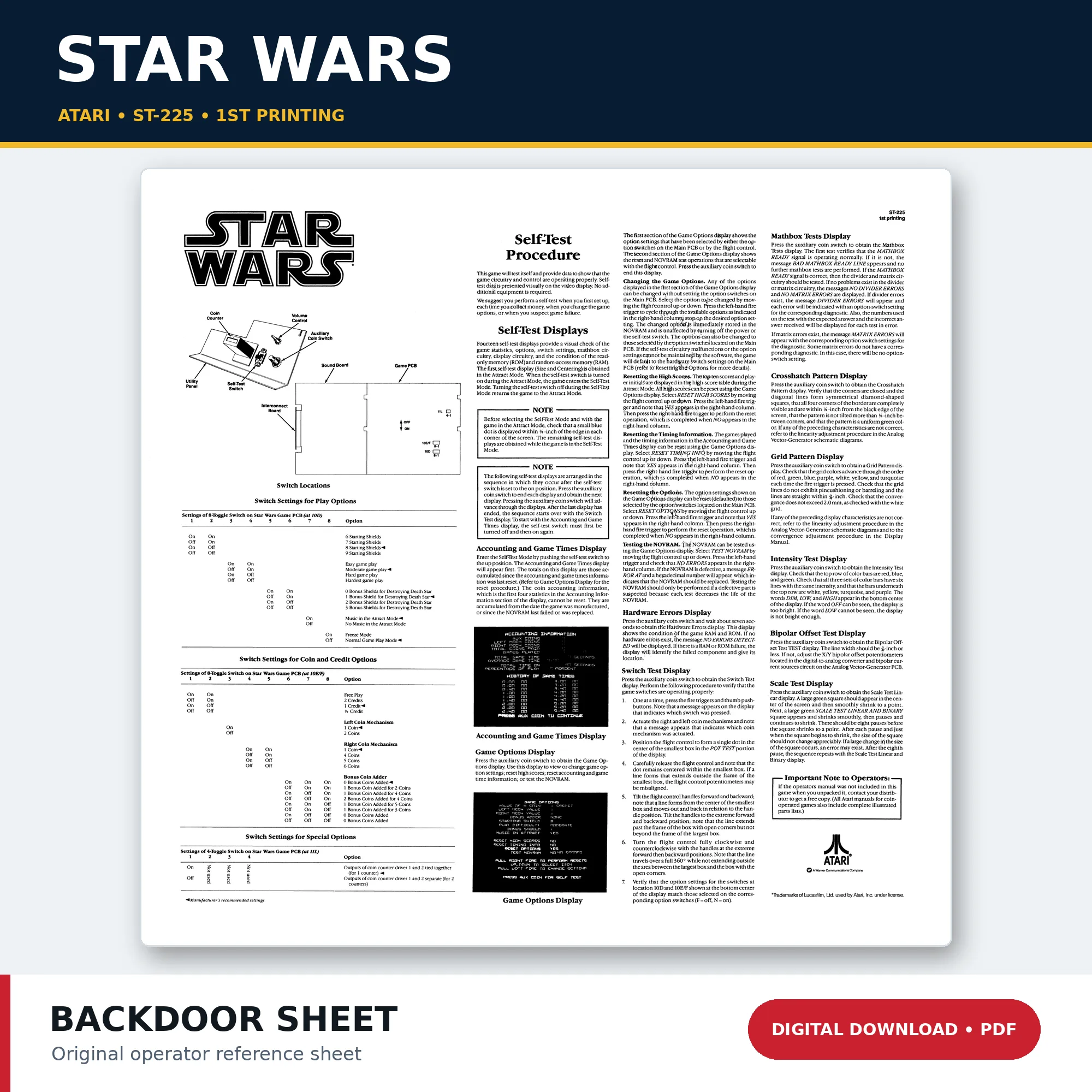 Atari Star Wars ST-225 1st Printing Back Door Sheet PDF download
