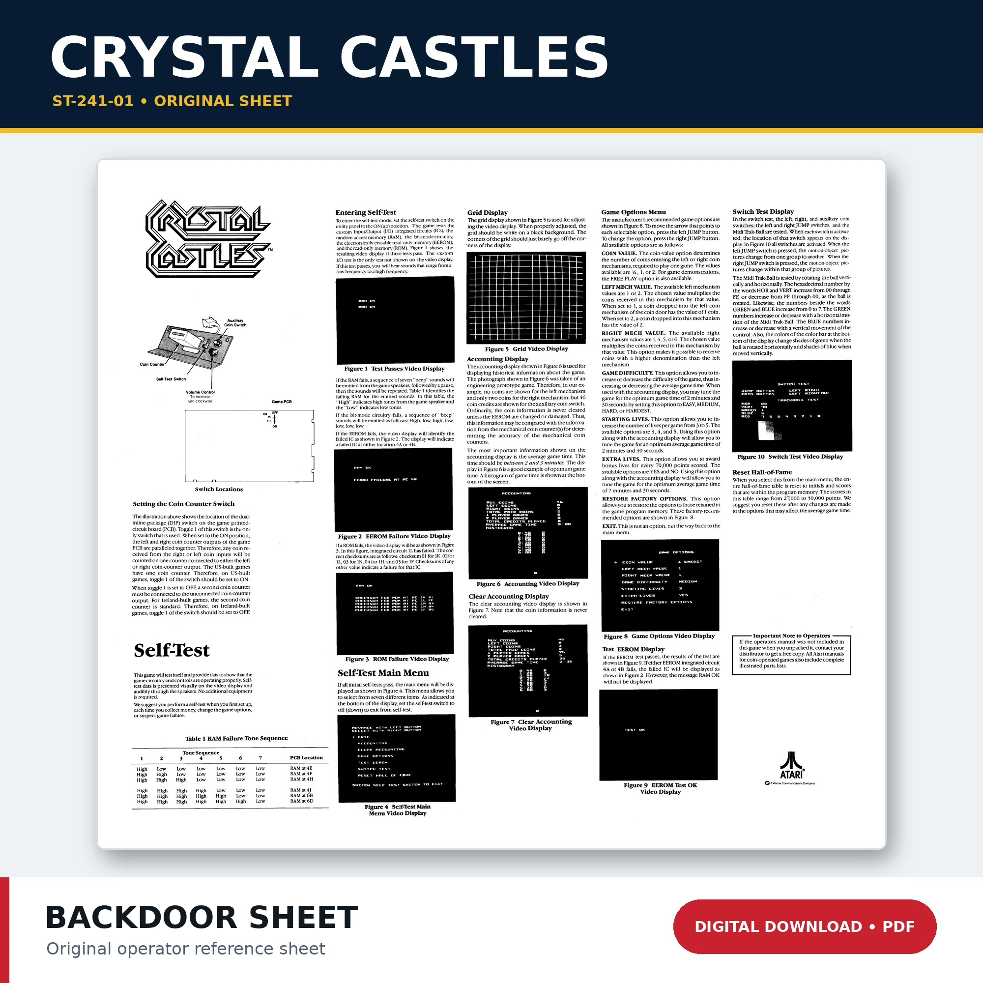 Crystal Castles ST-241-01 arcade back door sheet PDF digital download