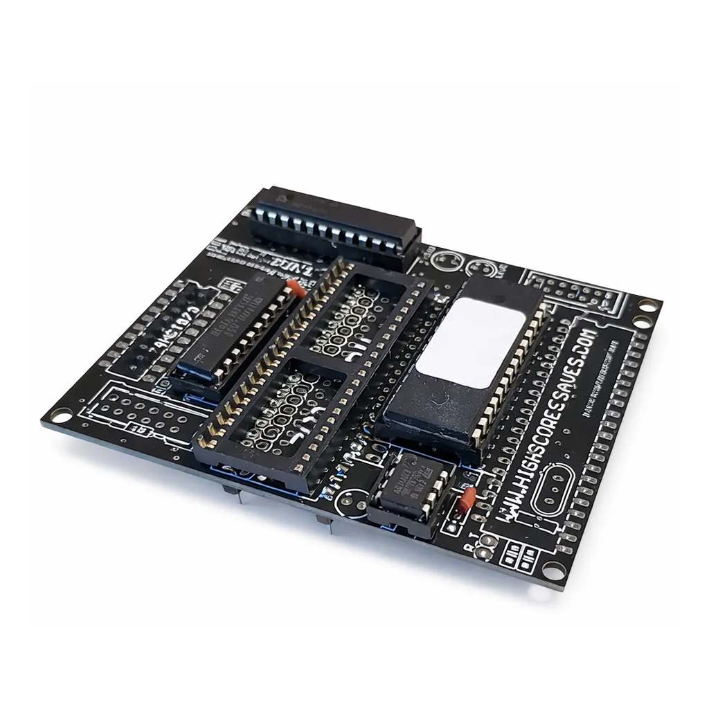 Bagman arcade free play and high score save kit hardware PCB installed with adapter board on clean white background