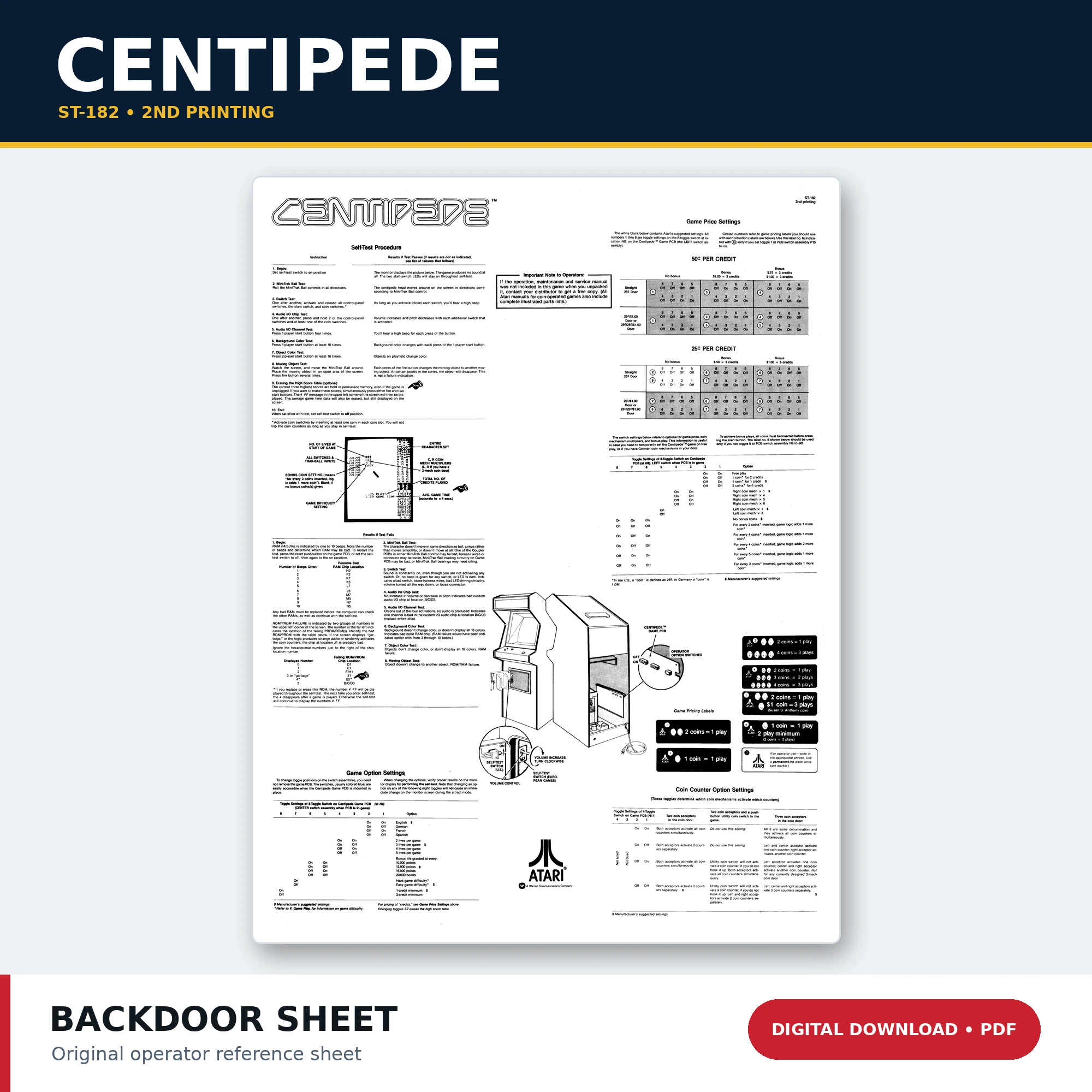 Centipede ST-182 2nd Printing arcade back door sheet PDF digital download