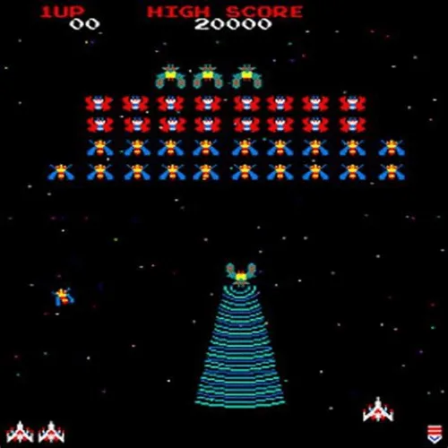 Galaga arcade attract screen showcasing Free Play and High Score Save Kit features