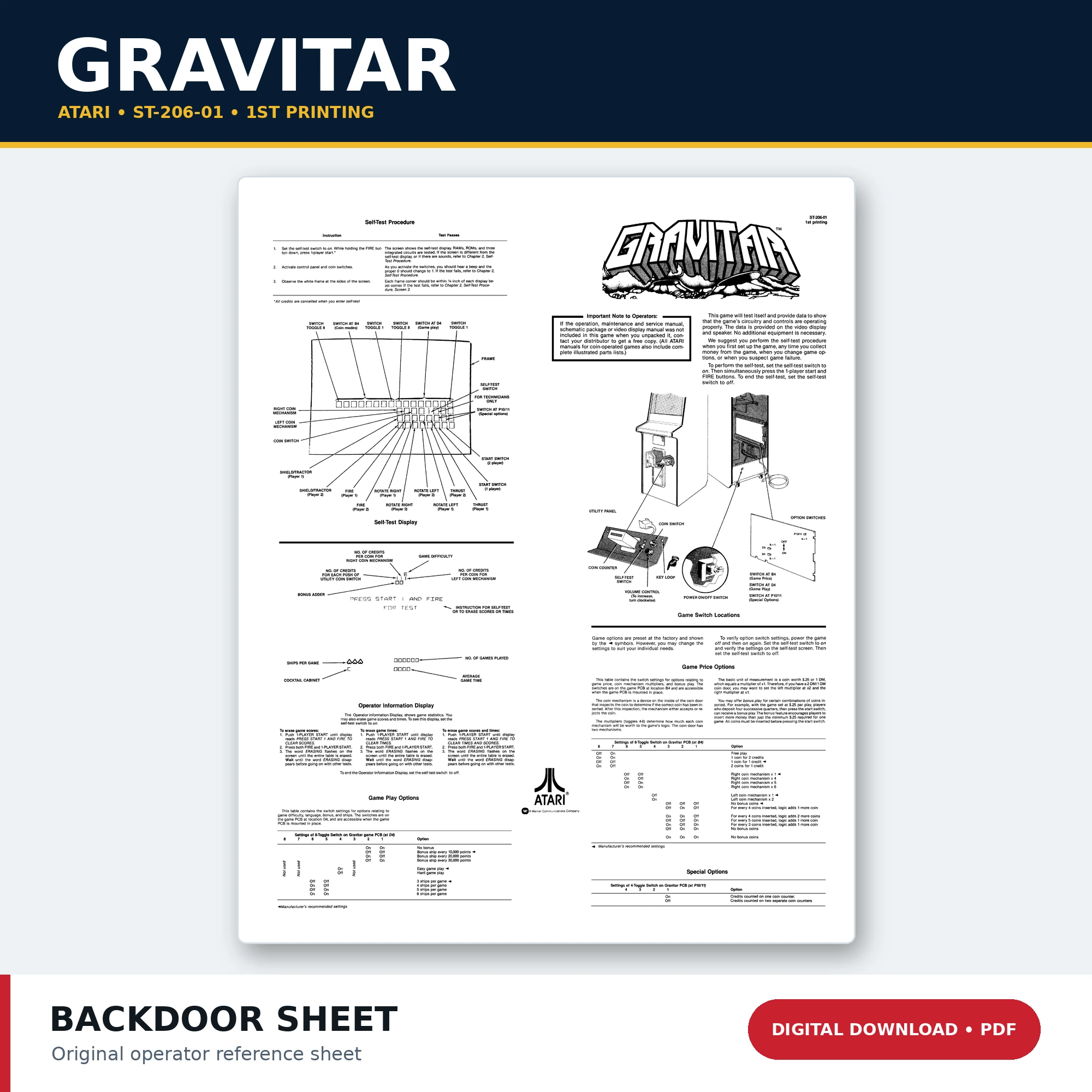 Atari Gravitar ST-206-01 first-printing arcade back door sheet PDF download