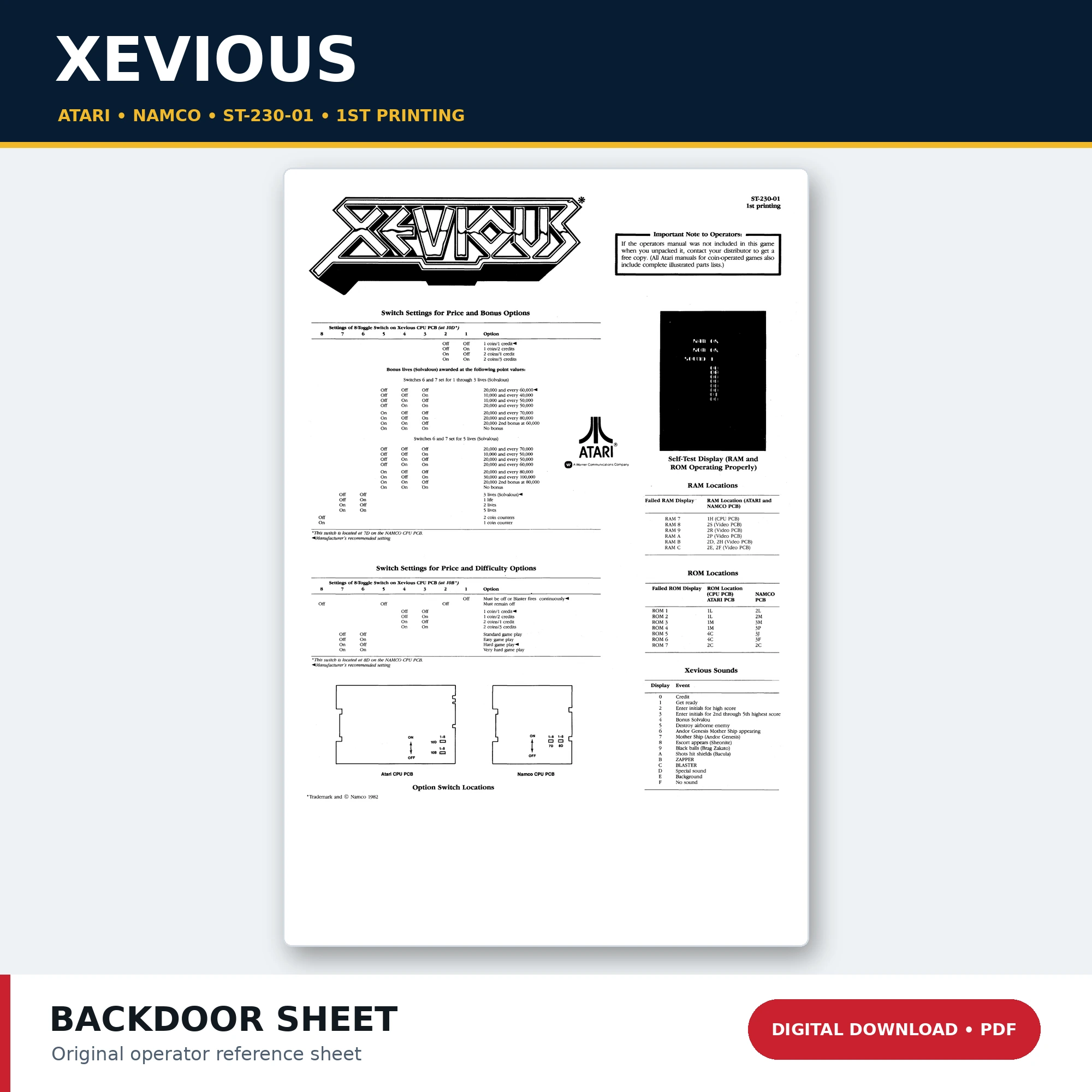 Atari Namco Xevious ST-230-01 1st Printing Back Door Sheet PDF download