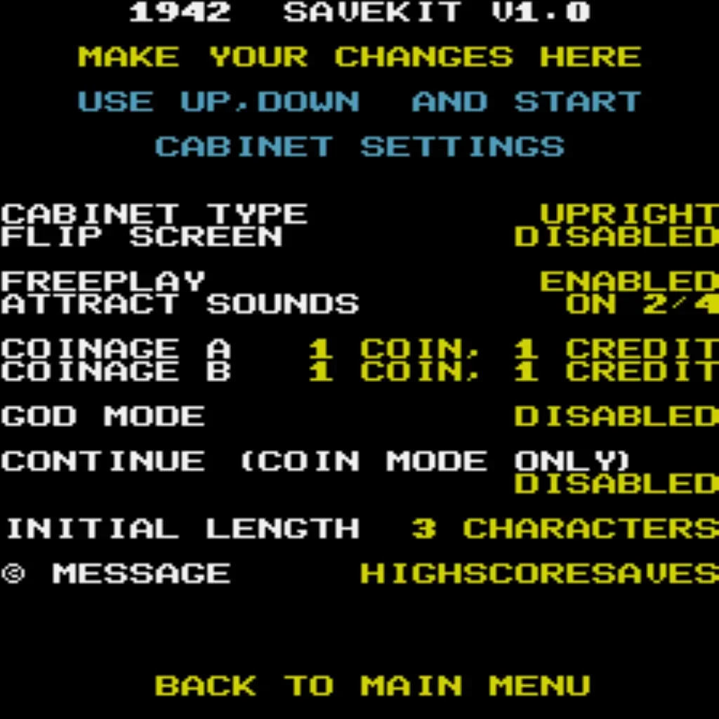 1942 save kit configuration and service menu options screen