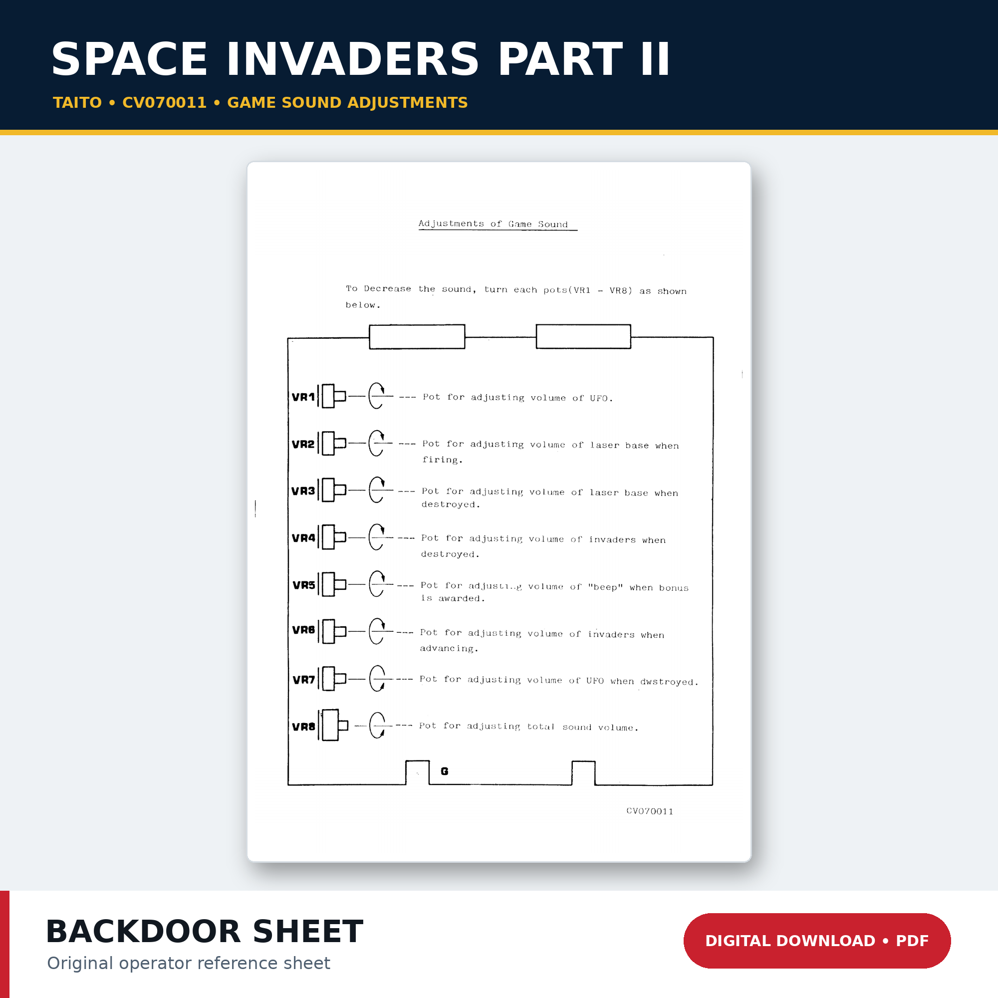 Taito Space Invaders Part II CV070011 game sound adjustment sheet PDF download