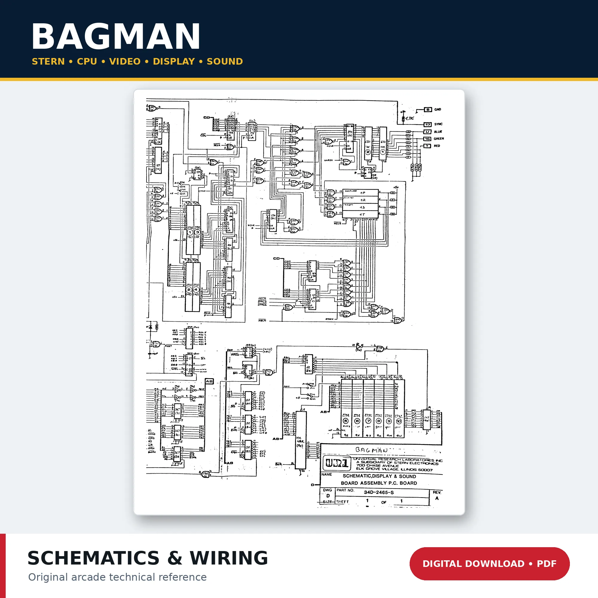 Stern Bagman arcade board schematic PDF download with CPU video display and sound circuits