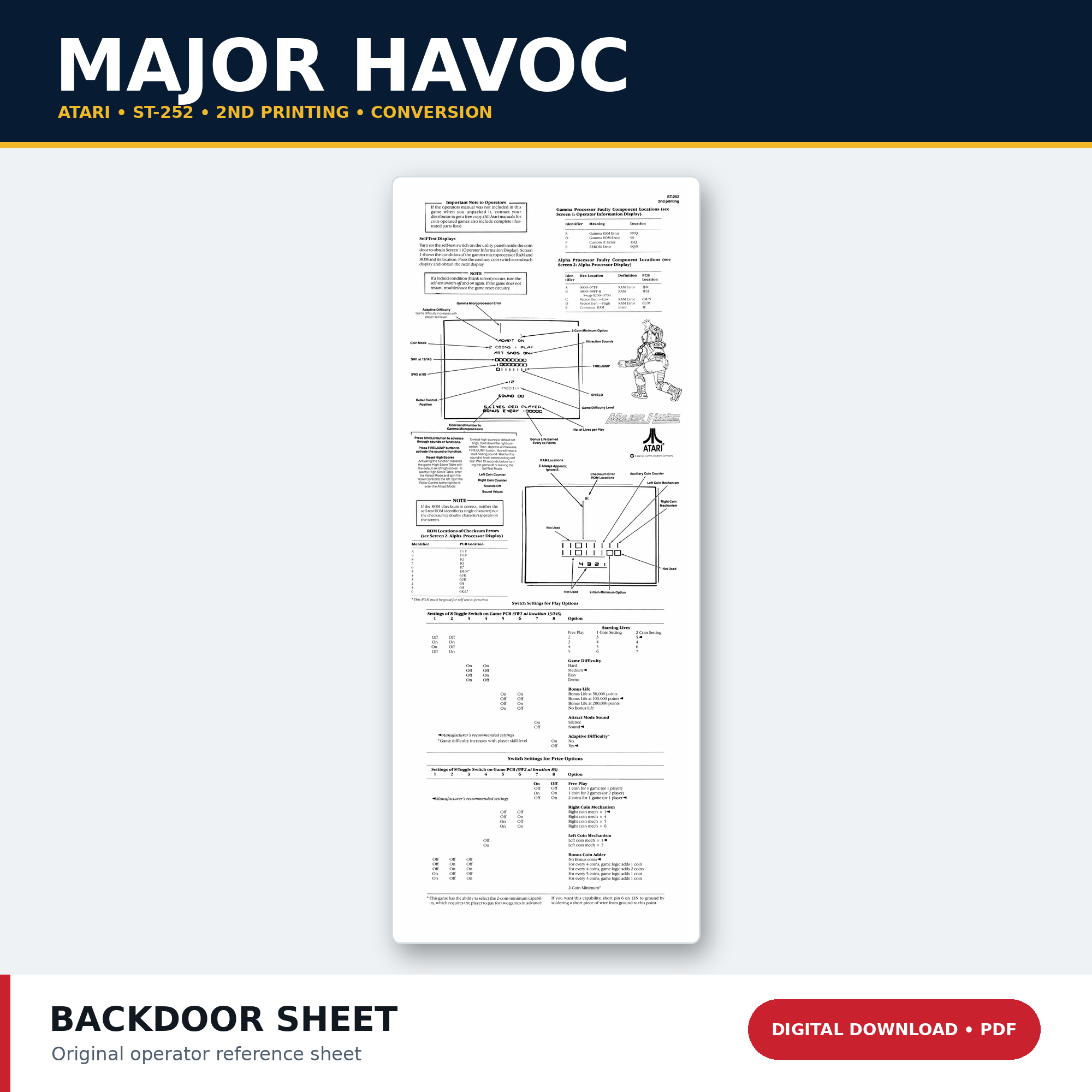 Atari Major Havoc ST-252 second-printing conversion back door sheet PDF download