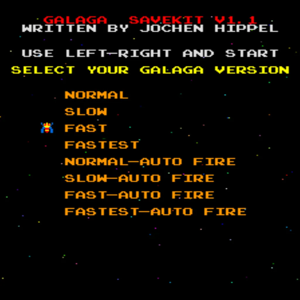 Galaga arcade settings menu screen with high score save configuration options