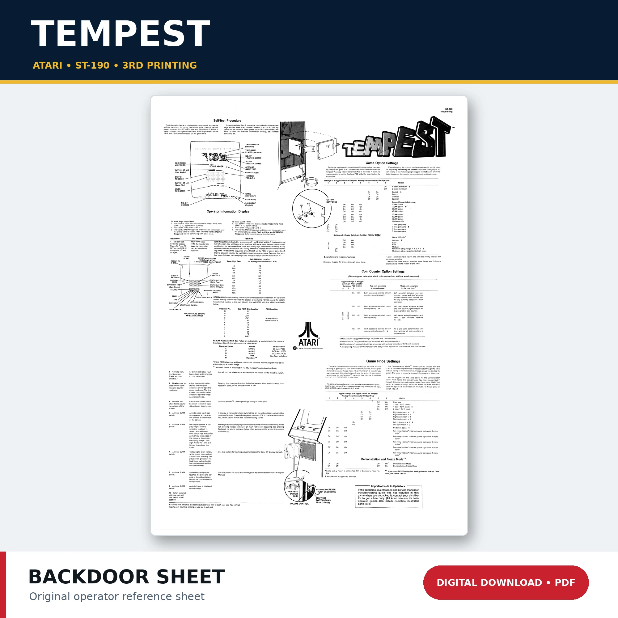 Atari Tempest ST-190 3rd Printing Back Door Sheet PDF download