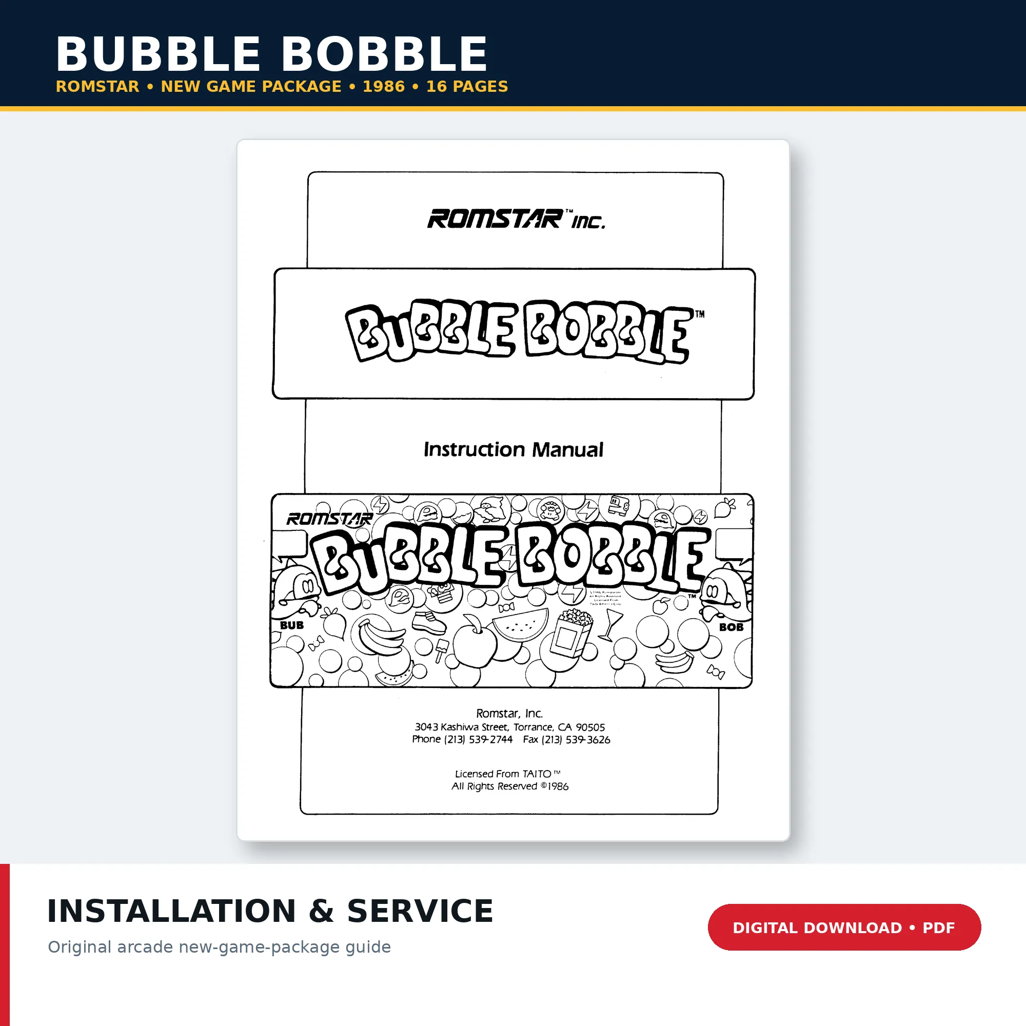 1986 Romstar Bubble Bobble new game package installation and service manual PDF download