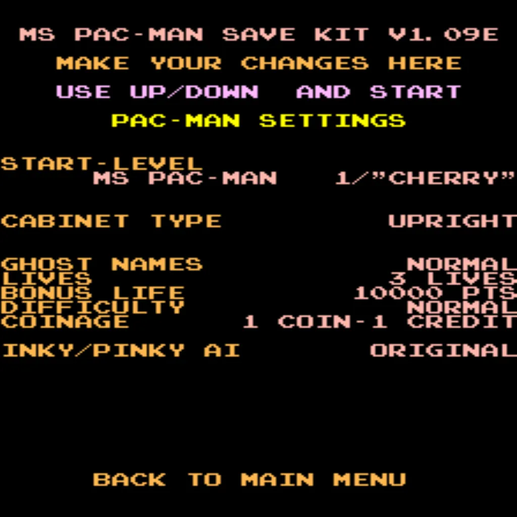 Ms Pac-Man settings menu with high score save and free play features enabled