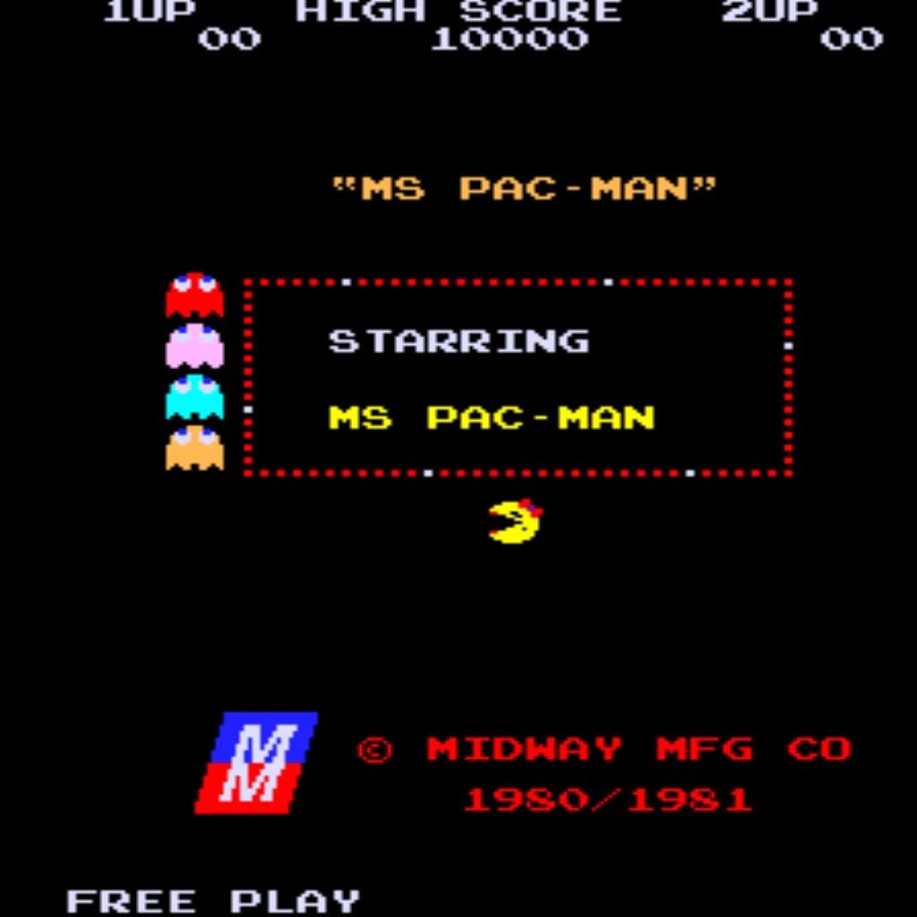 Ms Pac-Man arcade title screen with Free Play and High Score Save Kit installed