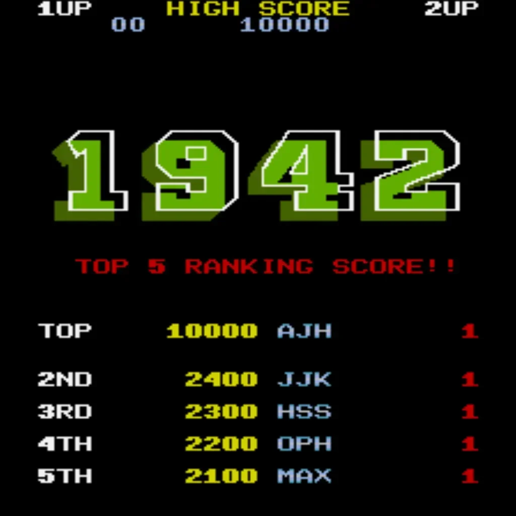 1942 arcade high score ranking table showing saved top scores
