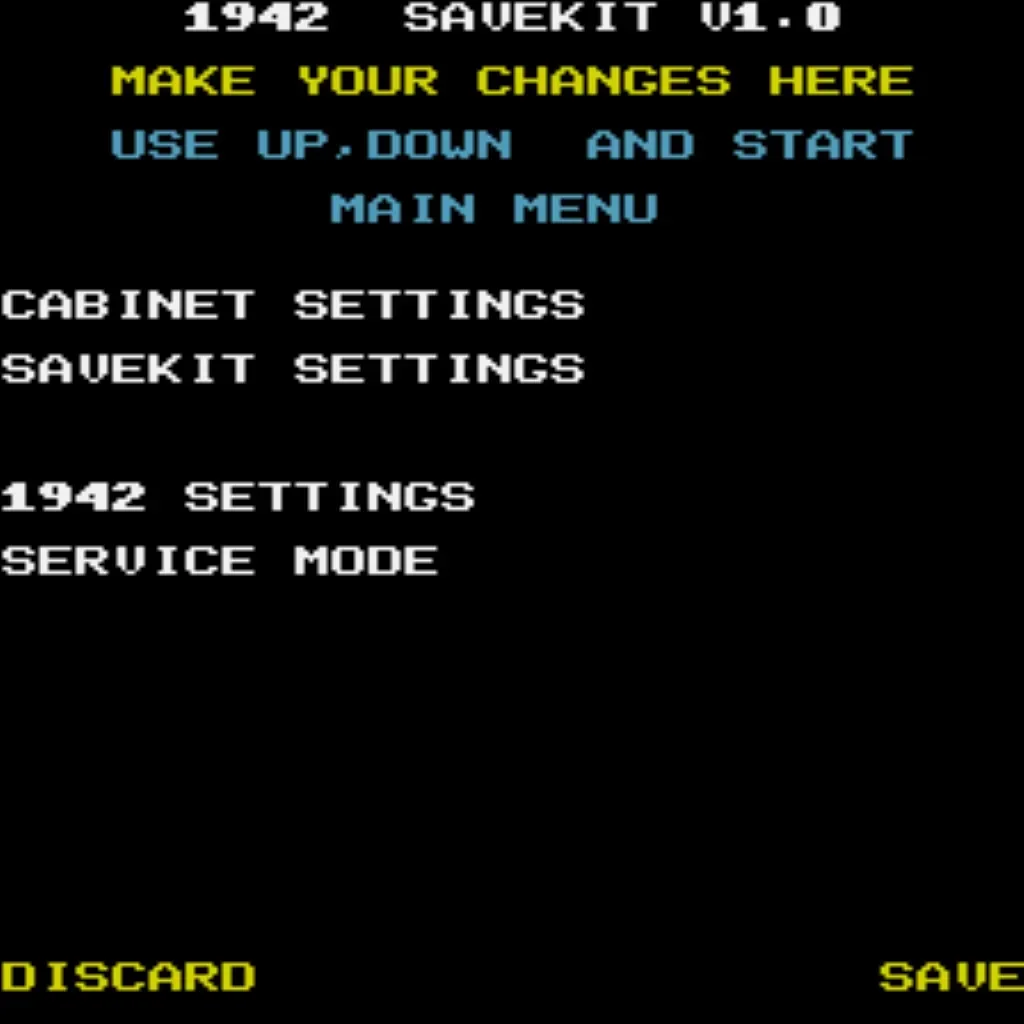1942 cabinet configuration menu showing free play coinage and attract sound options