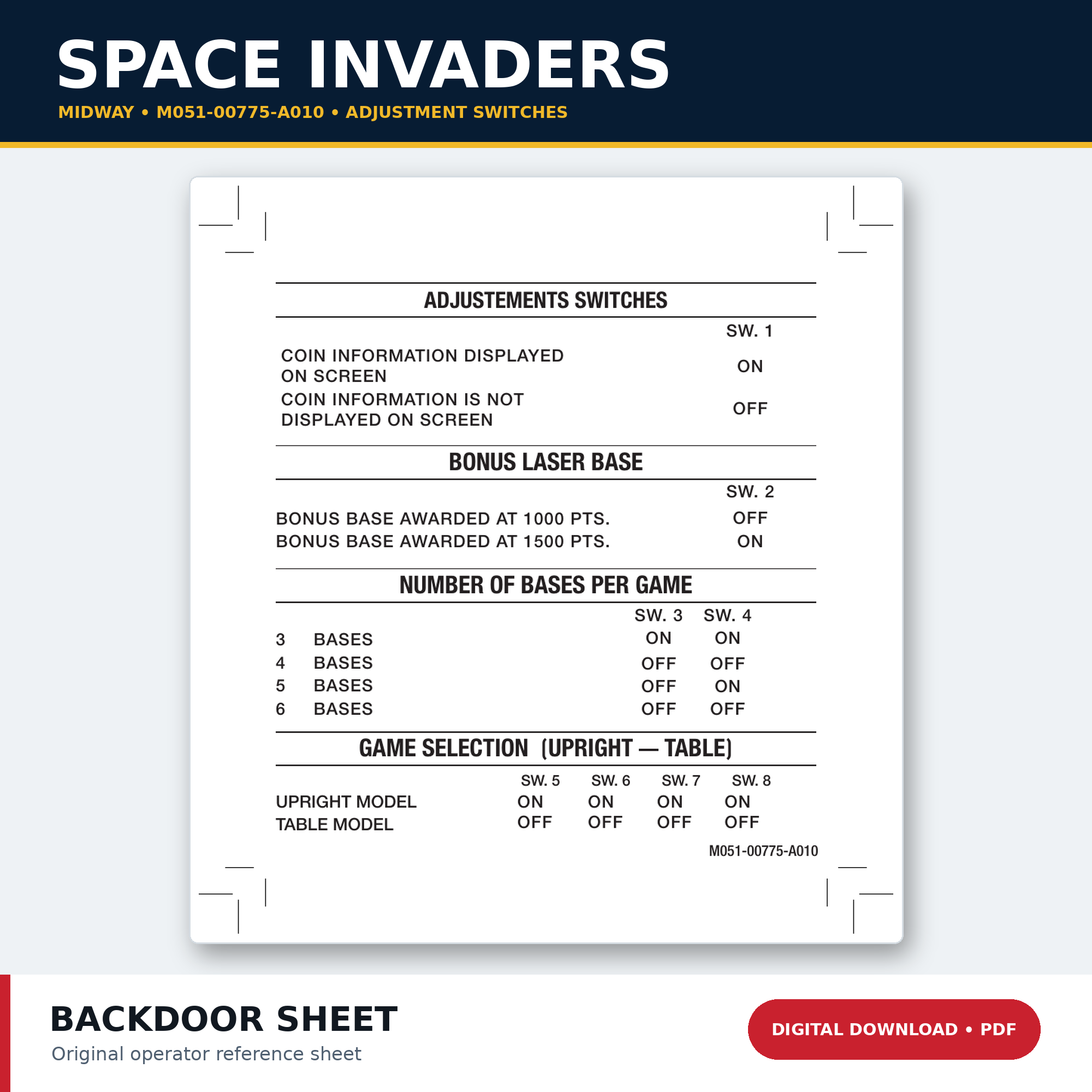 Midway Space Invaders M051-00775-A010 adjustment-switch sheet PDF download